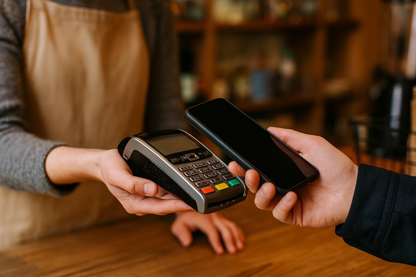 A person making a contactless payment using a smartphone at a store.