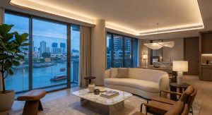 A luxurious District 9 riverfront apartment with contemporary interiors featuring open-plan living, floor-to-ceiling windows overlooking the Singapore River, neutral-toned furniture, indoor plants, and elegant lighting — highlighting stylish, modern design inspiration for urban waterfront homes.
